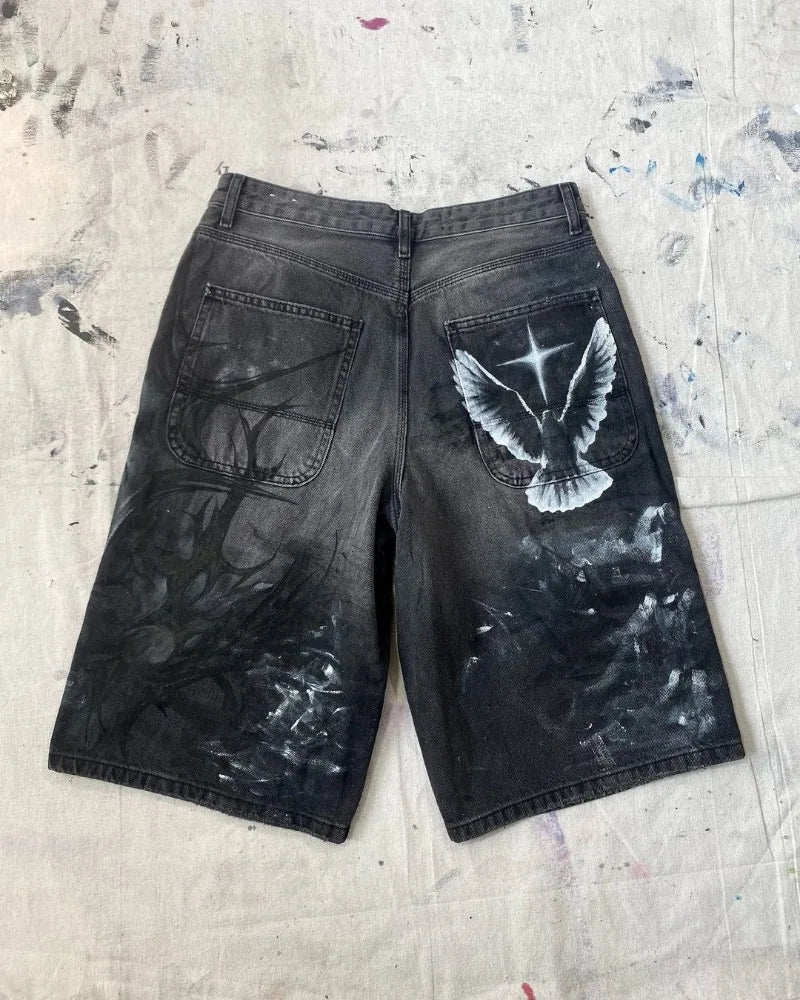 y2k american street retro graffiti anime print oversized denim shorts men shorts high waist fashion loose casual wide leg pants unique jeans style 3504