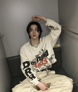 2024 Summer And Spring 123 Letter Print GYMGNO Graffiti Slogan Worn Retro Long Sleeve T Shirt Pullover Sweatshirt