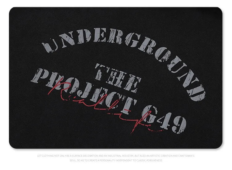 Urban gothic hoodie with skeleton hands and dark typography