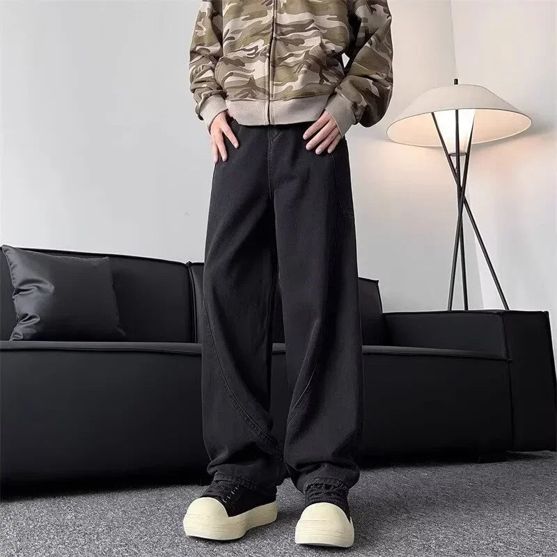 new vintage men s patchwork baggy jeans draped straight leg denim trousers autumn korean fashion high street casual y2k jean unique jeans style 535