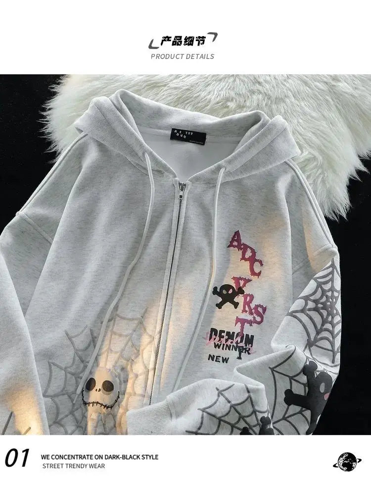 Spider Retro Ins Printed Cardigan Hooded Sweatshirt Plus Velvet Thickened Y2K Trendy Brand Couple Jacket
