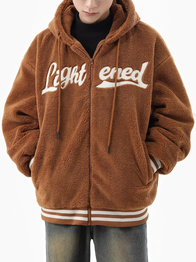 men fleece jackets and coats casual letter embroidery hairy zipper hooded outerwear warm streetwear parkas loose bomber jacke - variant style c0ee22 for streetwear fashion