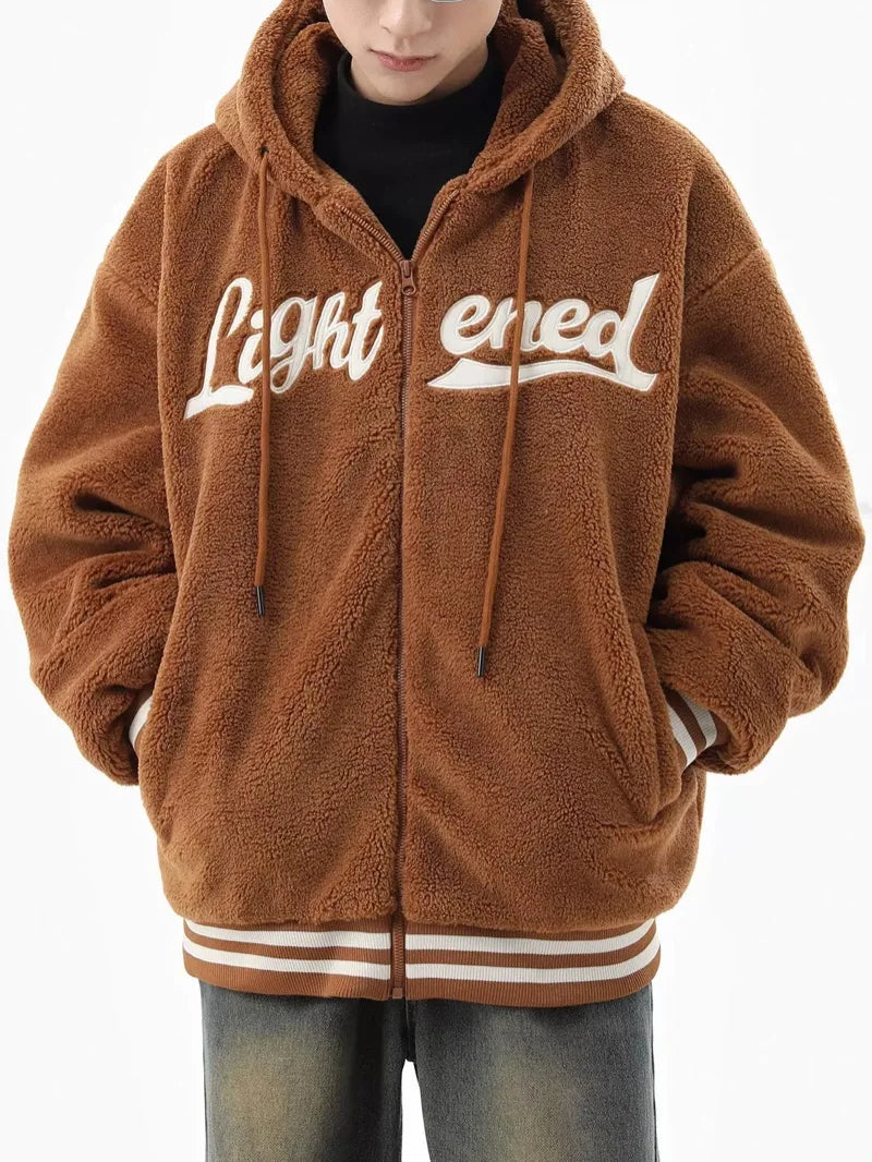 men fleece jackets and coats casual letter embroidery hairy zipper hooded outerwear warm streetwear parkas loose bomber jacke - variant style d44956 for streetwear fashion