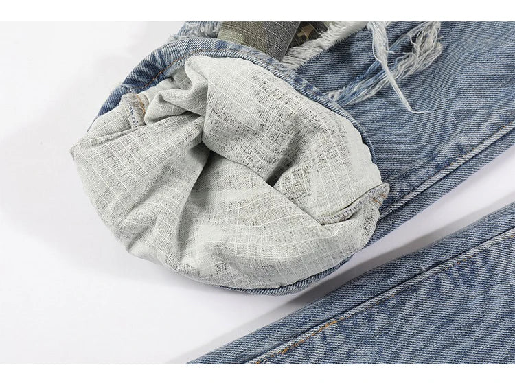 side destroyed ripped holes denim jeans pants mens casual patchwork camouflage loose straight joggers hip hop streetwear jeans unique joggers style 4090