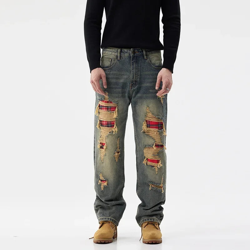 men broken hole patch loose casual plus size straight ripped denim pants jeans man streetwear fashion baggy jeans trousers unique jeans style 3152