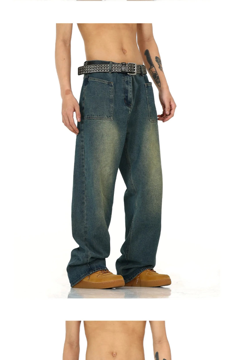 retro washed denim baggy jeans pants unisex hip hop fashion streetwear harajuku loose wide leg straight y2k pants joggers men unique joggers style 492