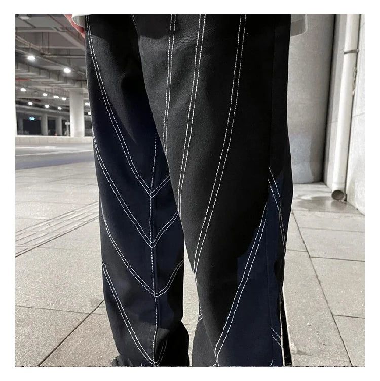 fashion design lines denim jeans mens zipper loose straight trousers hip hop new casual streetwear pants joggers baggy jeans unique joggers style 1465