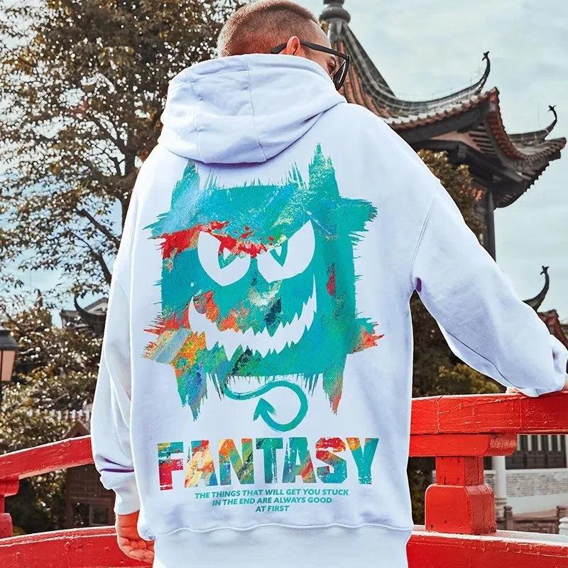 Harajuku Devil Graffiti Print Oversized Hoodies For Men Autumn Hooded