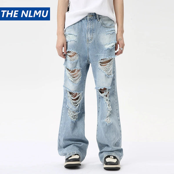 vintage ripped straight jeans blue baggy jeans trousers streetwear luxury loose casual distressed denim pants male y2k hombre vintage washed jeans