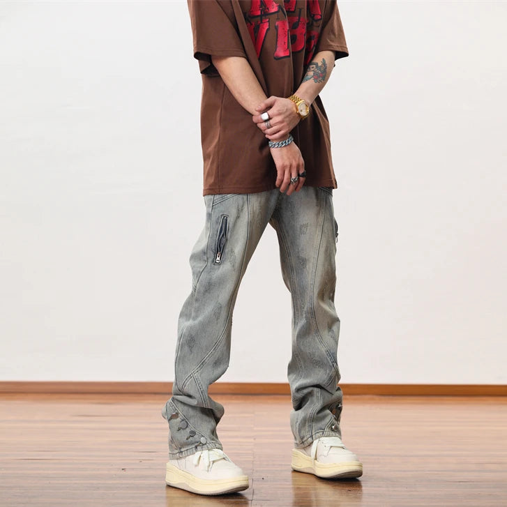 hip hip streetwear denim straight pants mens harajuku retro washed cotton casual zipper joggers jeans trousers pants jean men unique joggers style 2099