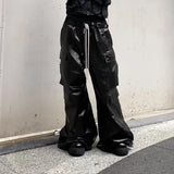 ro style glossy black pu leather pants for men high street y2k pantalones hombre baggy overall wide leg drawstring cargos unique cargo style 5642