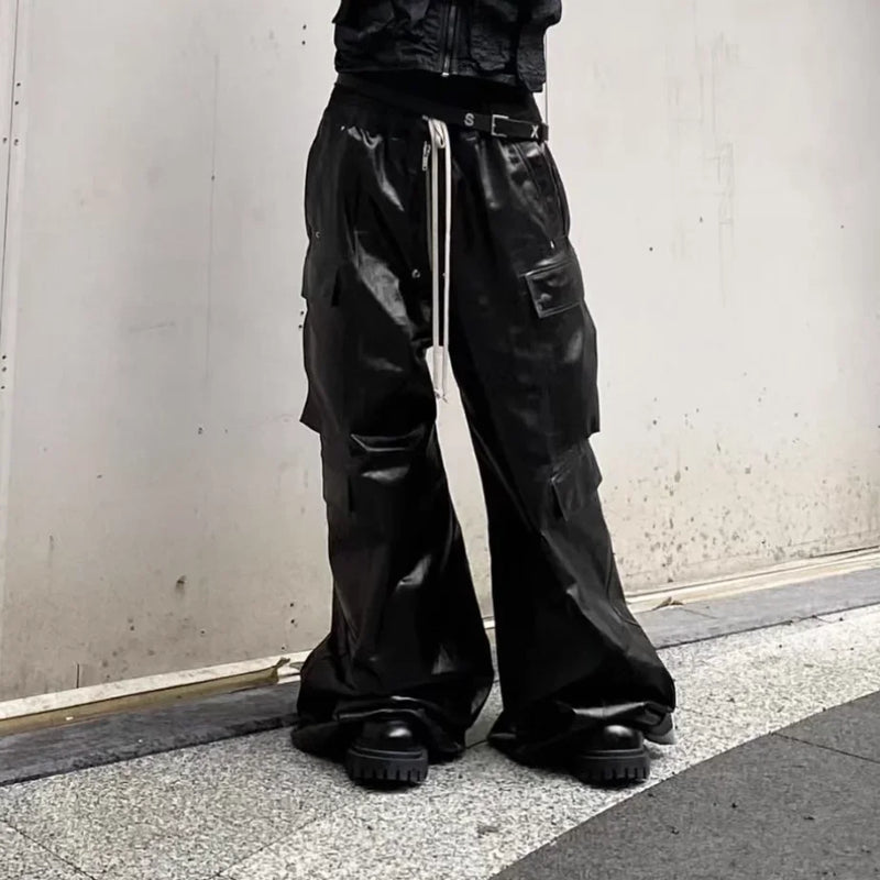 ro style glossy black pu leather pants for men high street y2k pantalones hombre baggy overall wide leg drawstring cargos unique cargo style 5642
