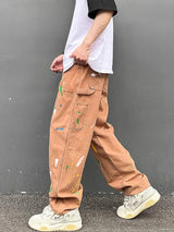 fashion graffiti printed denim jeans mens high street zipper straight jeans hip hop streetwear casual loose joggers jeans pants sporty tapered joggers