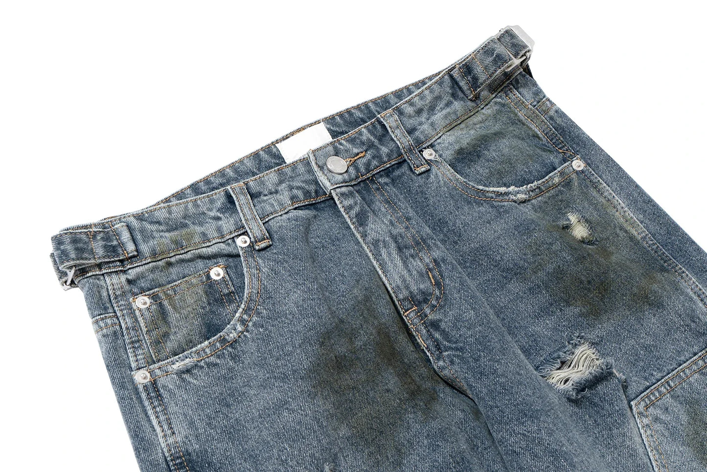 Streetwear Handmade Mud Dyed Dirty Blue Baggy Jeans for Men Distressed Hole Casual Patchwork Denim Trousers Oversized