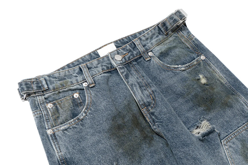 Streetwear Handmade Mud Dyed Dirty Blue Baggy Jeans for Men Distressed Hole Casual Patchwork Denim Trousers Oversized