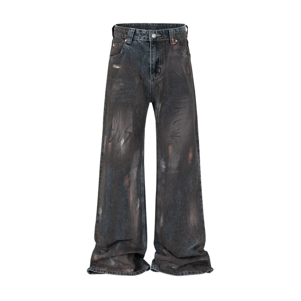 faded mud dyed hand painted vintage baggy jeans for men high street washed straight pantalon homme denim trousers oversized ripped baggy denim