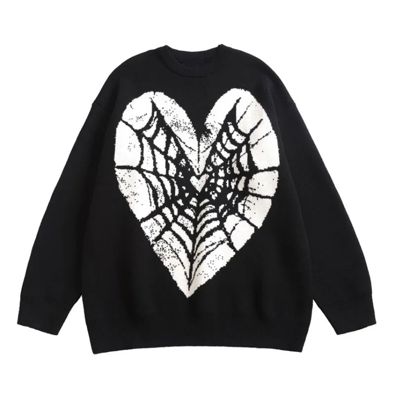 hip hop knitted sweater men winter o neck anime spider web pattern pullover streetwear casual loose sweater warm jumper knitwear - 2025 streetwear drop, gothic aesthetic hoodie for winter, anime inspired graphic hoodie