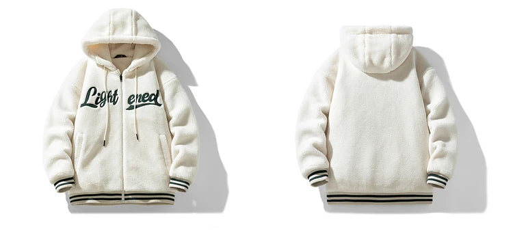 men fleece jackets and coats casual letter embroidery hairy zipper hooded outerwear warm streetwear parkas loose bomber jacke - variant style 646cb4 for streetwear fashion