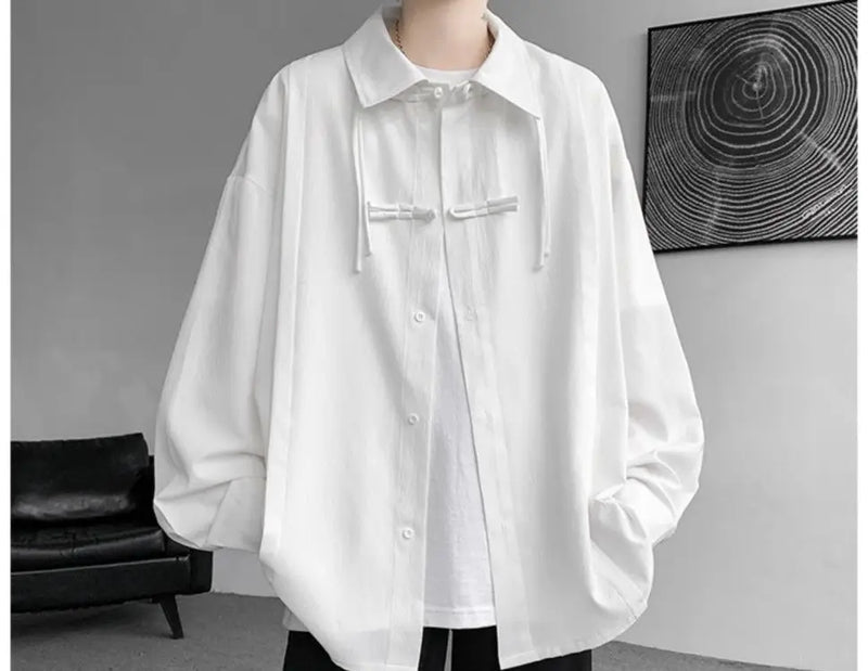 Shirts for men spring and autumn style national fashion design loose and versatile large size outer wear lapel long sleeved tops