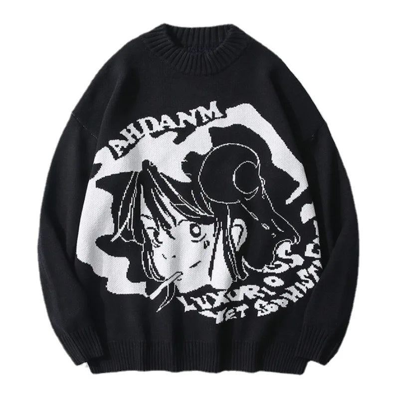 fashion knitted sweater autumn winter o neck anime characters pullover streetwear unisex casual loose sweaters jumper knitwears oversized graphic print design, urban wear with bold artwork, aesthetic street look hoodie