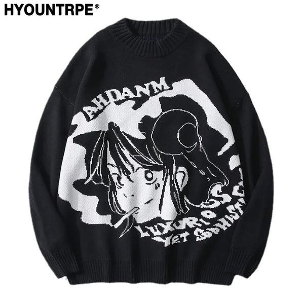 fashion knitted sweater autumn winter o neck anime characters pullover streetwear unisex casual loose sweaters jumper knitwears oversized graphic print design, urban wear with bold artwork, aesthetic street look hoodie