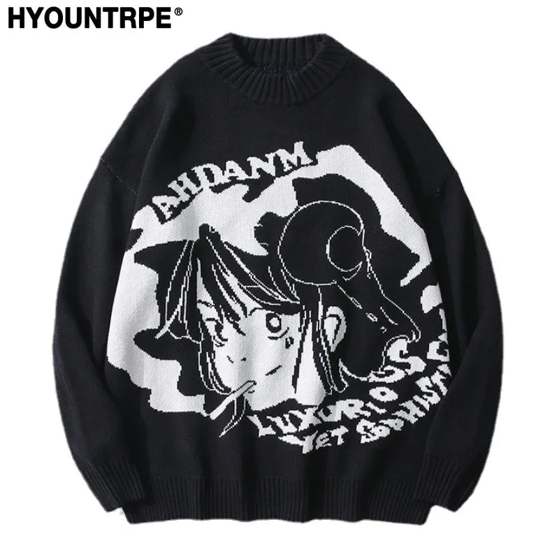 fashion knitted sweater autumn winter o neck anime characters pullover streetwear unisex casual loose sweaters jumper knitwears oversized graphic print design, urban wear with bold artwork, aesthetic street look hoodie