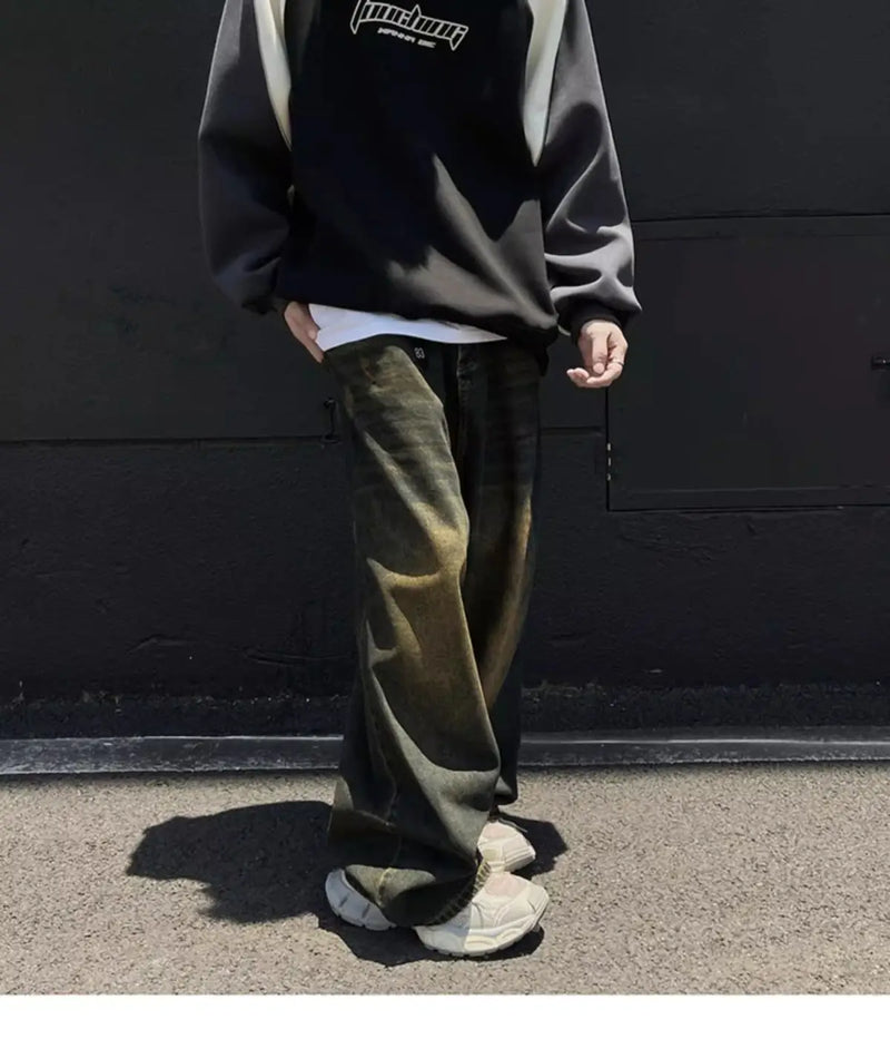 Trendy Personality Korean Motorcycle Style Round Neck Sweatshirt Men 2024 Spring Autumn Niche Contrasting Color Pullover Hot Top