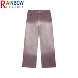 rainbowtouches men jeans unisex pants high street hip hop loose casual couple cargo straight patchwork gradient casual pants multi-pocket cargos