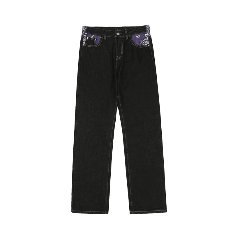 y2k retro sanskrit black jeans street casual pants punk male hip hop print loose harajuku mens straight pants ins hot sale unique jeans style 4774