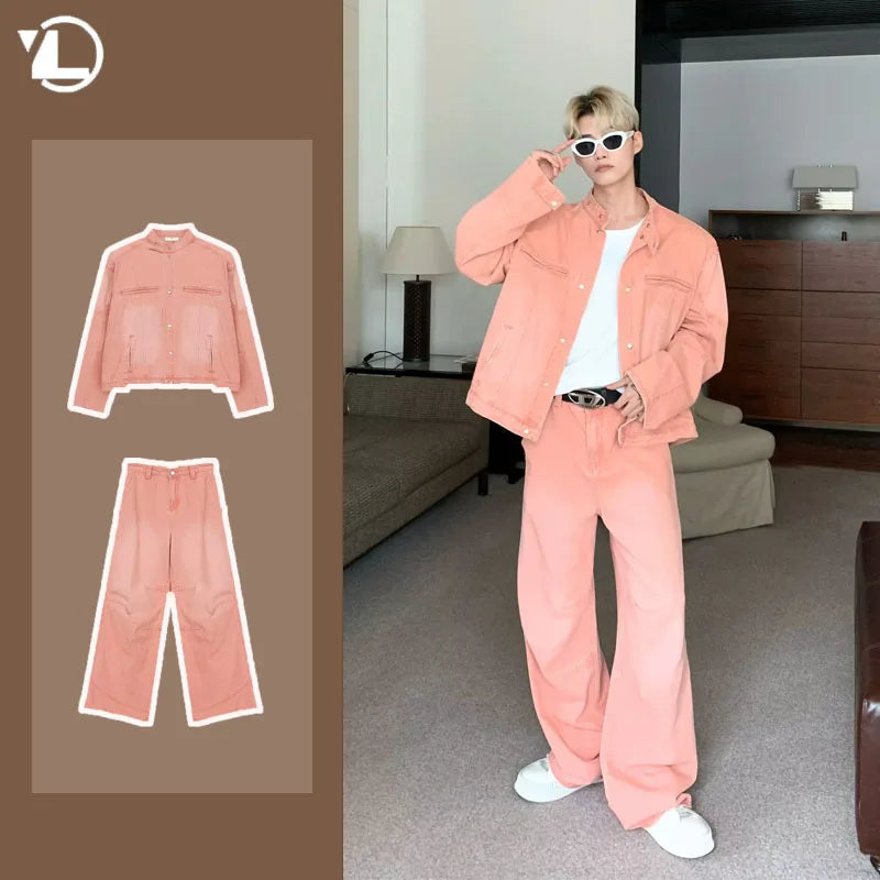 outdoor high street denim mens sets spring single breasted trendy harajuku jackets cowboy two piece hip hop couple suits new unique jeans style 4859