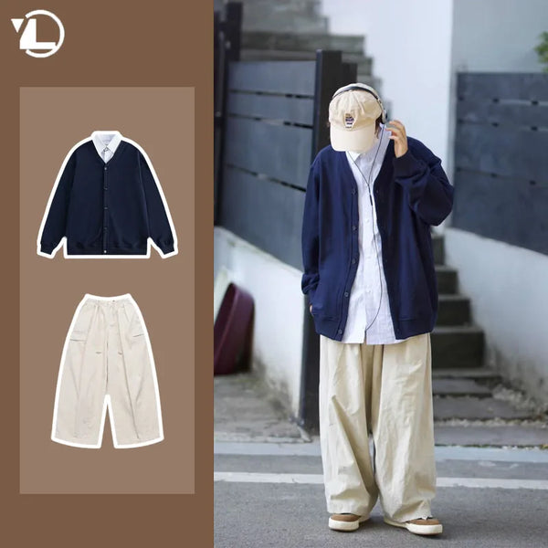 mens casual 2 pcs sets fake two pieces cotton shirt corduroy street wide leg pants sets japanese college retro couples suit menswear bottoms