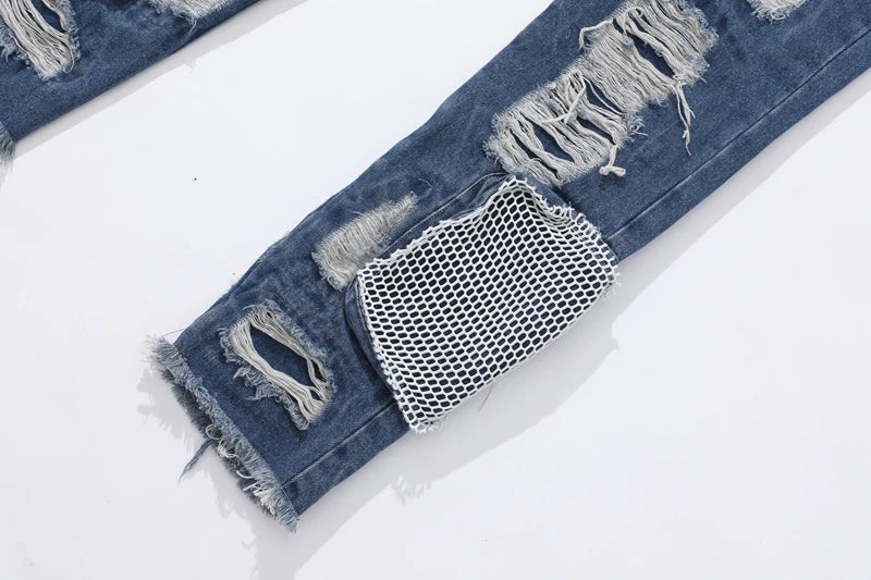distressed skinny flared micro flare jean for mens mesh big destroyed ripped denim jeans hip hop biker jeans pants male unique jeans style 1328