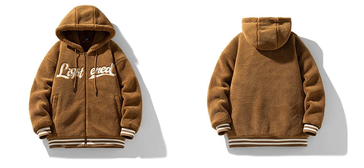 men fleece jackets and coats casual letter embroidery hairy zipper hooded outerwear warm streetwear parkas loose bomber jacke - variant style bbfb63 for streetwear fashion