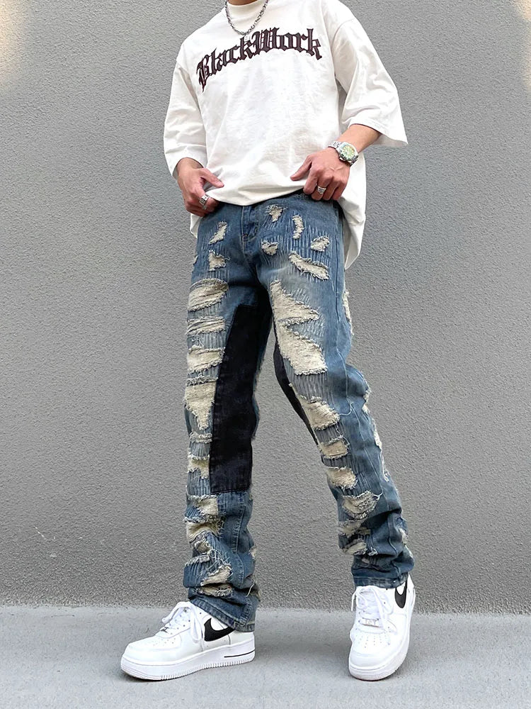 destroy ripped scratched patchwork denim jeans mens casual straight biker zipper trousers streetwear hip hop jean pants joggers unique joggers style 3904
