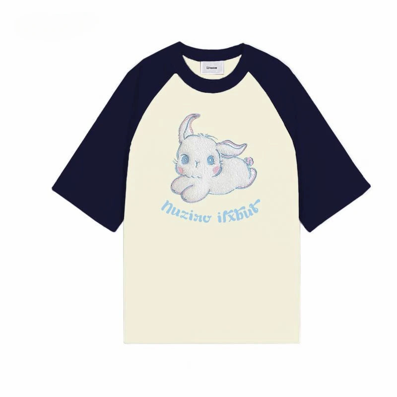 Skatercore Oversized shirt – American Flocking Cute Rabbit Pattern Short Sleeved T Shirt