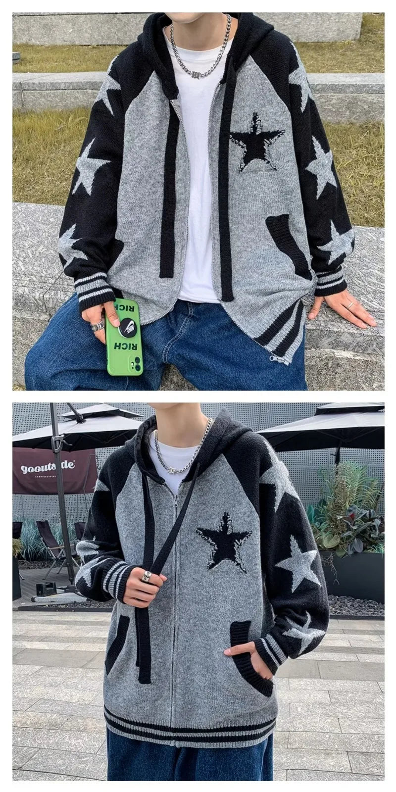 bold graphic pullover, layered streetwear look, soft knit pullover with flame design, y2k fashion statement