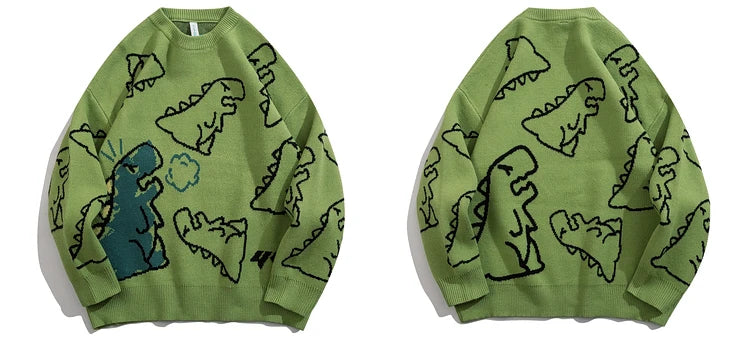 fashion knitted sweater autumn winter o neck dinosaur pattern pullover streetwear unisex casual loose sweaters jumper knitwears trendy hip hop style outerwear, aesthetic street look hoodie, urban wear with bold artwork