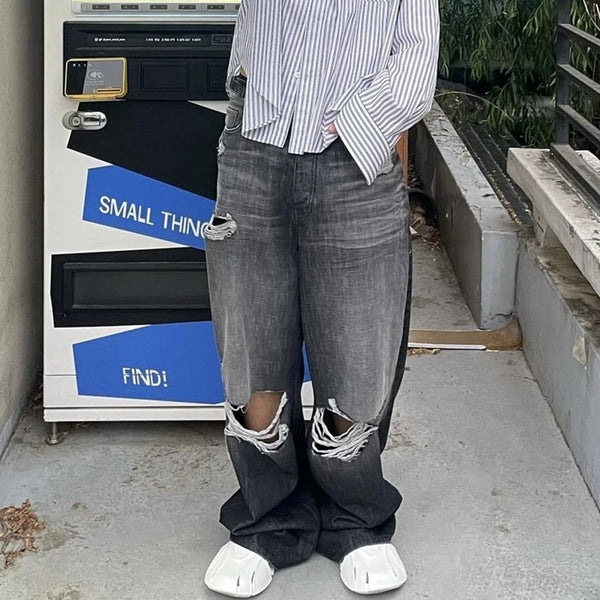 baggy damaged heavy industry washed jeans pants vibe loose casual silhouette straight worn pants knee ripped denim trousers stacked flare jeans