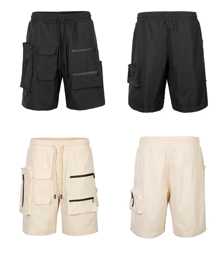 Retro Fashion Vibe Summer Cargo Shorts Functional Pockets Press Glue Zipper Straight Shorts Baggy Casual Split Knee-length