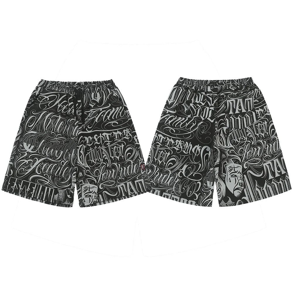streetwear west coast full print floral over knee shorts for men summer patchwork wide leg baggy five points pants oversized unique shorts style 3602