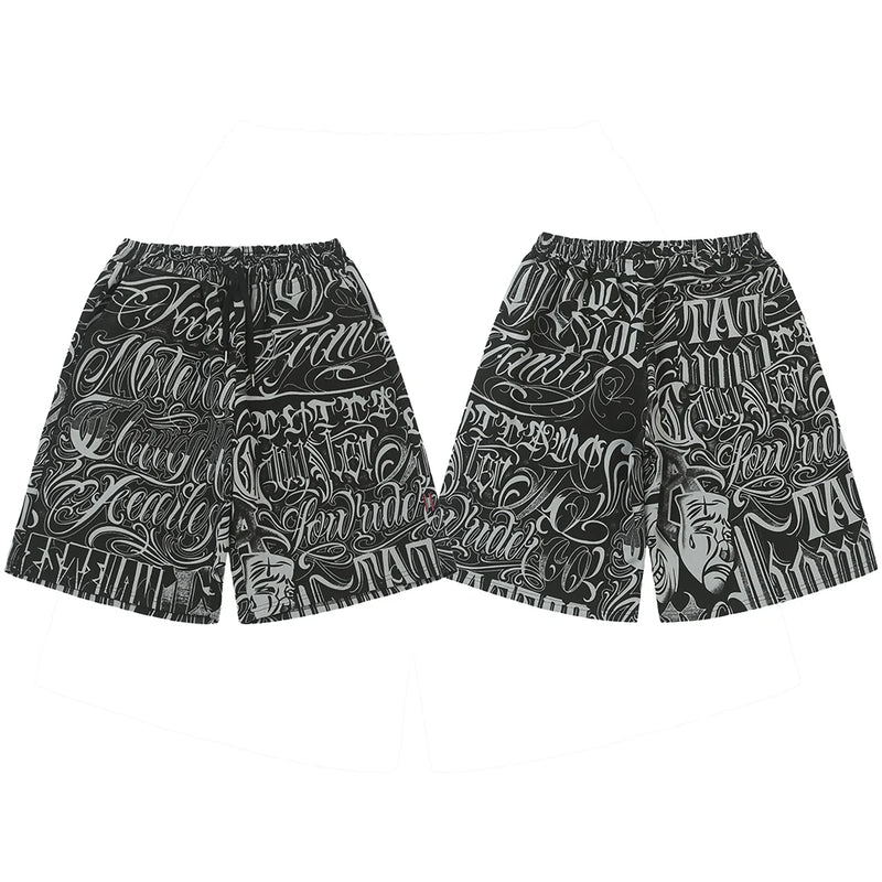 streetwear west coast full print floral over knee shorts for men summer patchwork wide leg baggy five points pants oversized unique shorts style 3602