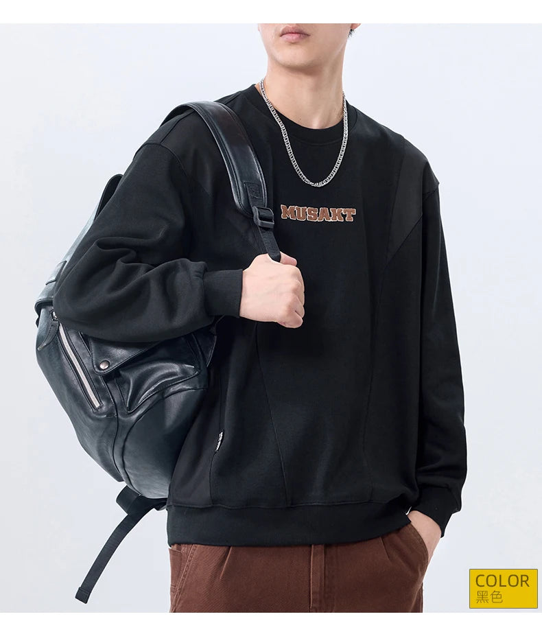 Men Handsome Splice Embroidery Fashion Loose Casual Pullover Sweatshir