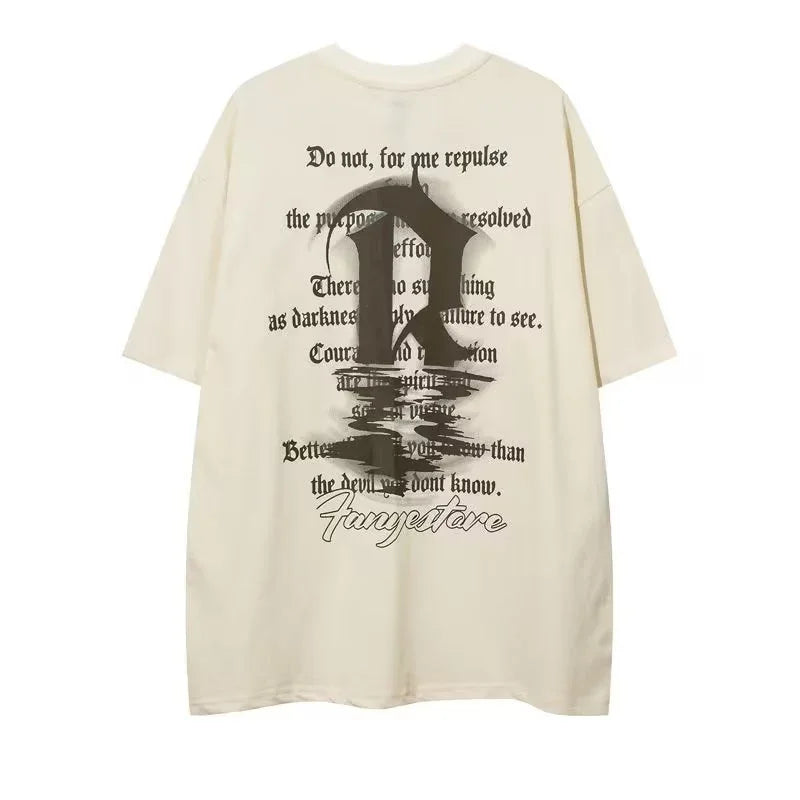 Vaporwave Barcode glitch – High Street Graffiti Letter Print Tee Shirt Mens Oversized C