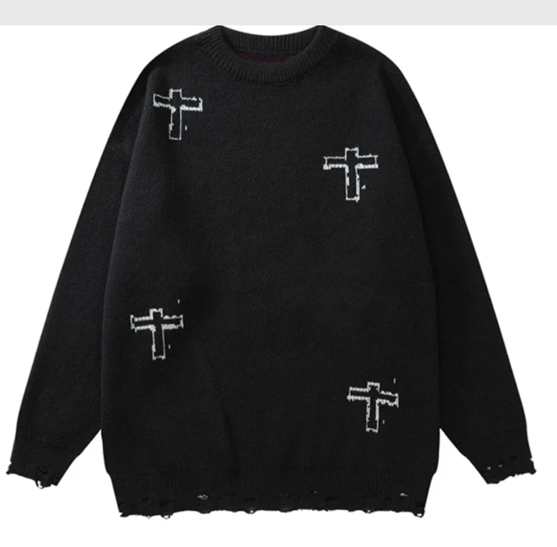 vintage sweaters y2k grunge streetwear hip hop ripped hole knitted cross punk gothic jumpers fashion harajuku casual pullover high quality cotton pullover, oversized graphic print design, unique limited edition hoodie