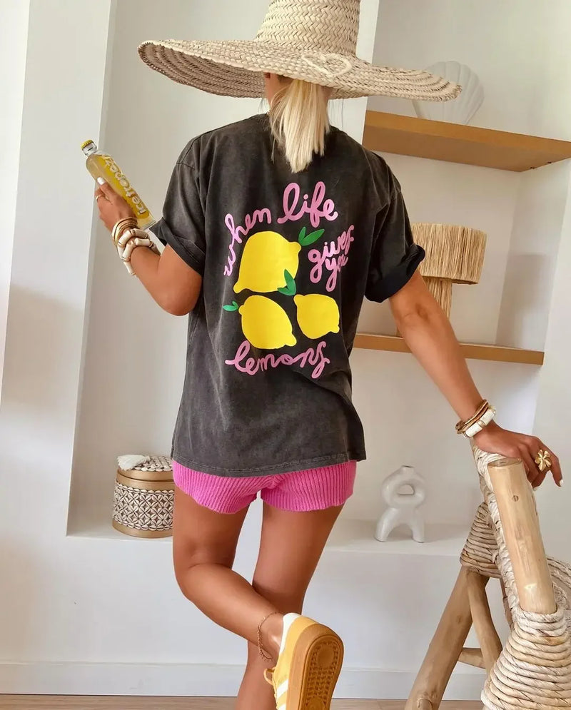 Glitchcore Chrome logo – Lemon Graphic T Shirts Casual Streetwear Harajuku Washed Cot
