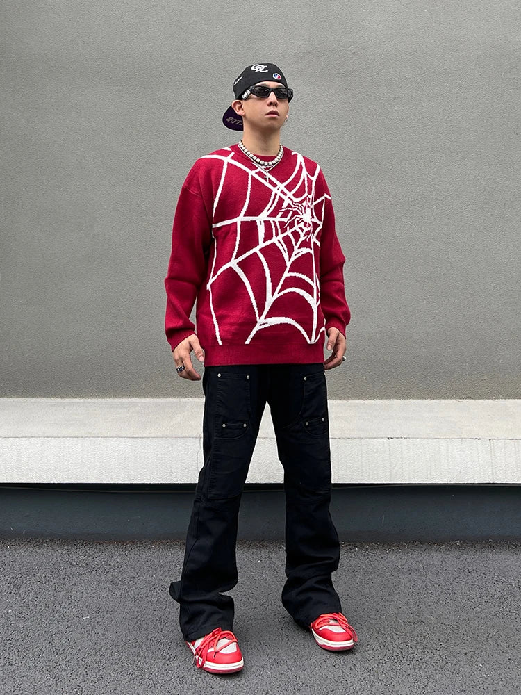 hip hop harajuku spider web pattern knitted sweater unisex pullover streetwear winter casual loose sweater warm jumper knitwear - high quality cotton hoodie, soft fleece-lined outerwear, urban fashion pullover