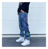 washed distressed denim sweatpant cashew flower patchwork oversized splice buckle jogging jeans casual button baggy men clothing unique joggers style 4354