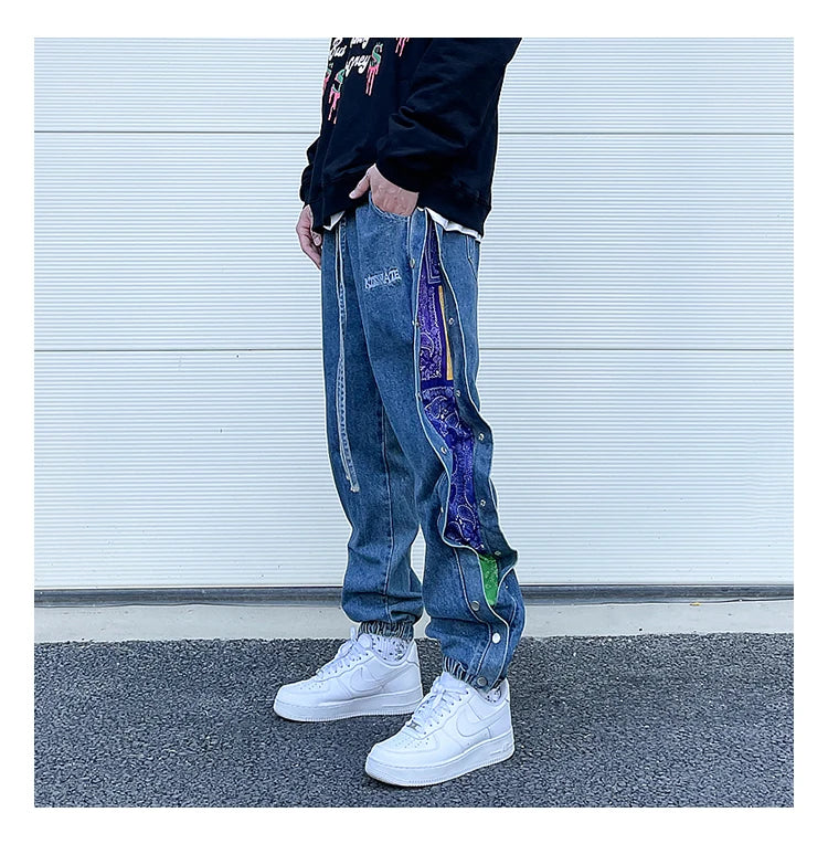washed distressed denim sweatpant cashew flower patchwork oversized splice buckle jogging jeans casual button baggy men clothing unique joggers style 4354