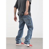 high street fashion contrast straight tube micro flared jean horn pant washing mens tassel vintage patchwork wide denim jeans stacked flare jeans