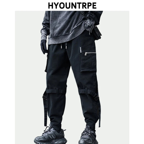 hip hop loose fit elastic waist cargo pants side big pocket ankle pants with belt mens drewstring military sweatpants joggers relaxed fit joggers